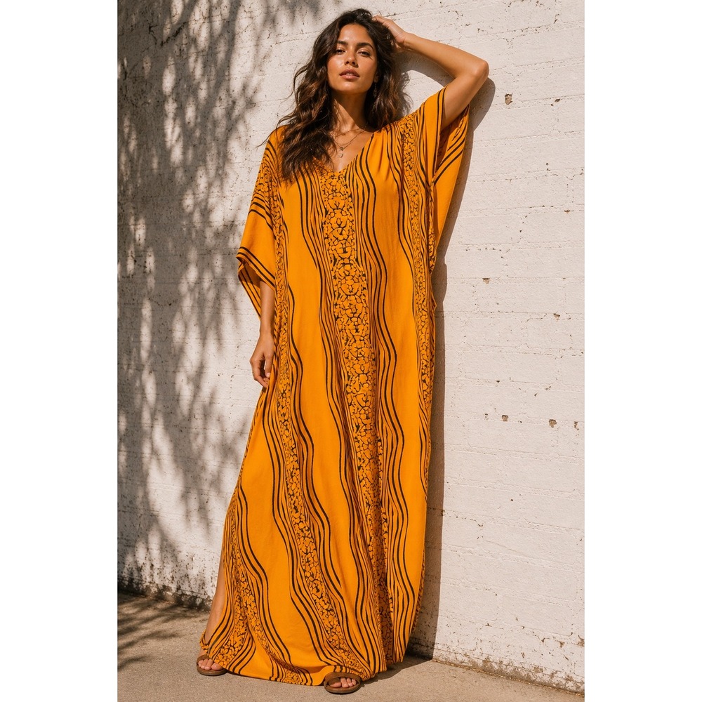 Vintage Orange Cotton Rayon Caftan Maxi Dress Abstract Graphic Print OS
